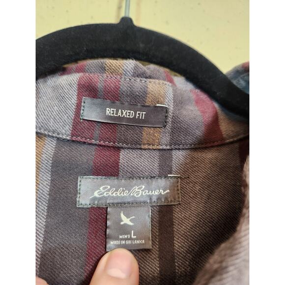 Eddie Bauer Mens Gray Red Striped Long Sleeve Relaxed Fit Button Down Shirt L - Picture 3 of 6